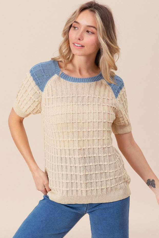 BiBi Textured Contrast Short Sleeve Sweater