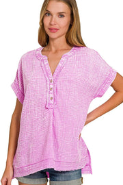 Zenana Washed Double Gauze 3/4 Button Henley Neck Shirt