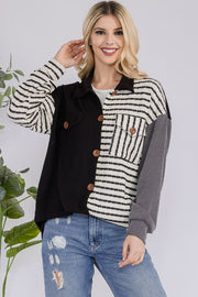 Celeste Full Size Striped Button Up Dropped Shoulder Shacket