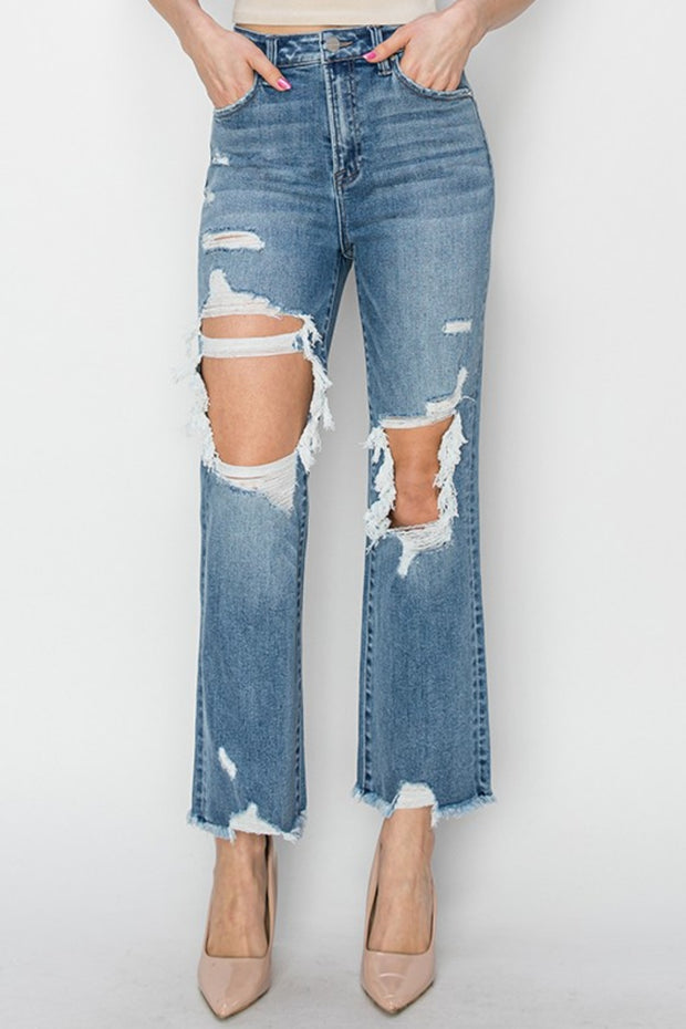 RISEN High Rise Distressed Crop Straight Jeans - Spicy and Sexy