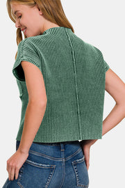 Zenana Washed Mock Neck Short Sleeve Cropped Sweater