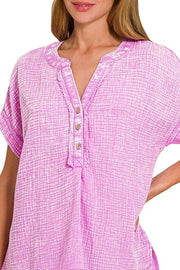 Zenana Washed Double Gauze 3/4 Button Henley Neck Shirt