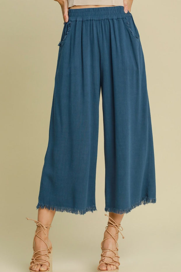 Umgee Full Size Linen Blend Elastic Waistband Wide Leg Pants Plus Size