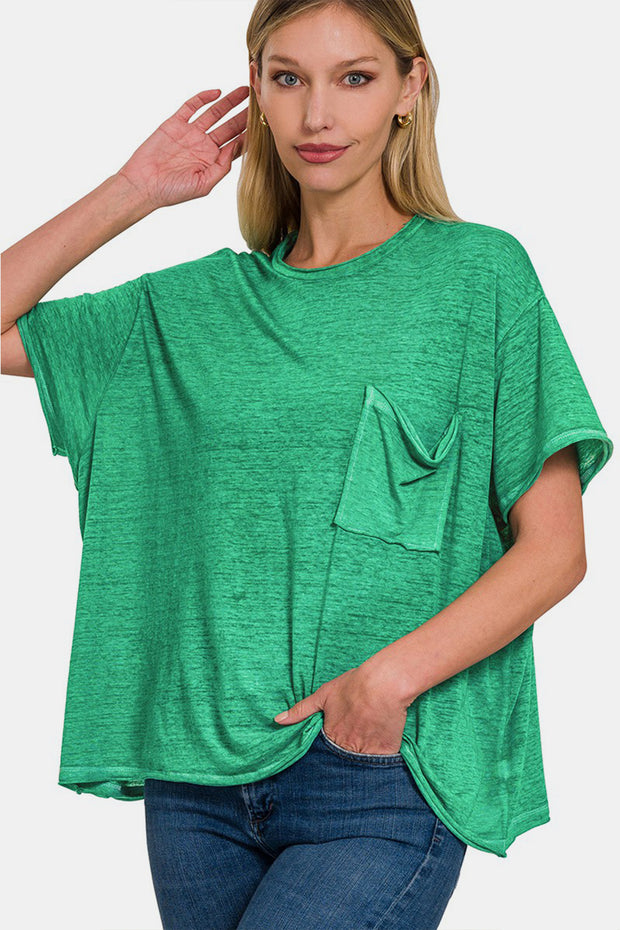 Zenana Pocketed Round Neck Dropped Shoulder T-Shirt - Spicy and Sexy