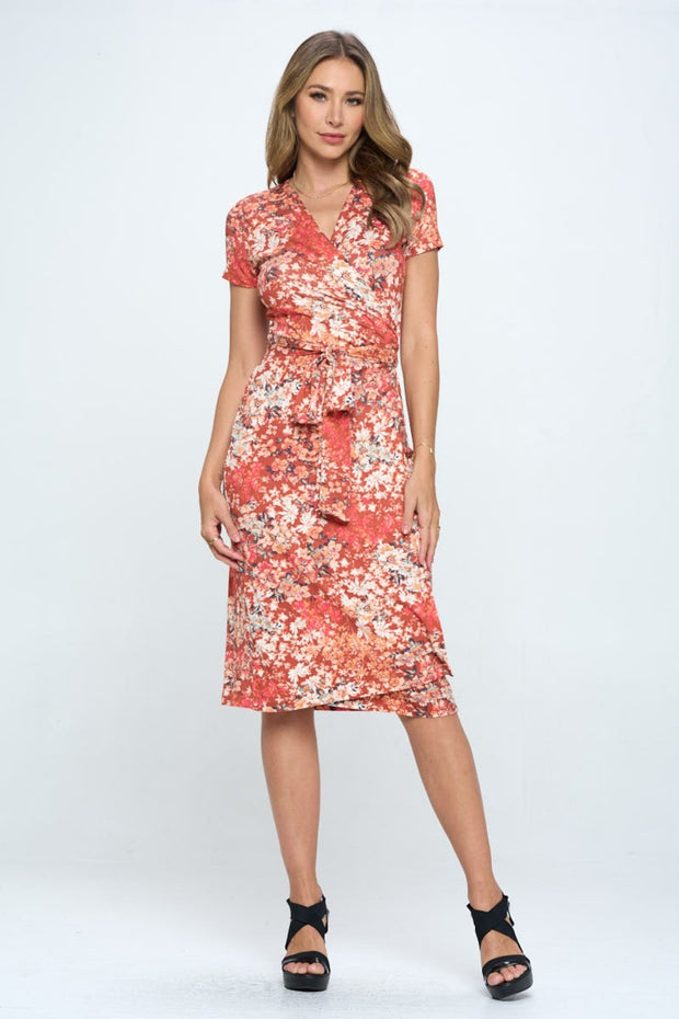 RENEE C Floral Tie Front Surplice Short Sleeve Dress - Spicy and Sexy