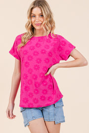 BOMBOM Textured Floral Pattern Short Sleeve T-Shirt