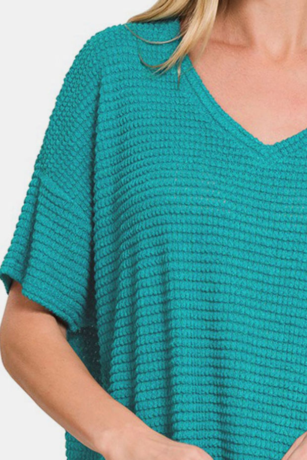 Zenana Drop Shoulder Short Sleeve Jacquard Knit Top