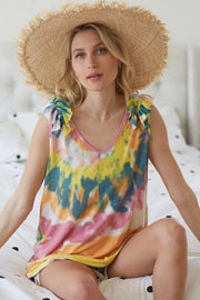 BiBi Circular Tie Dye Knit V Neck Top With Ruffle