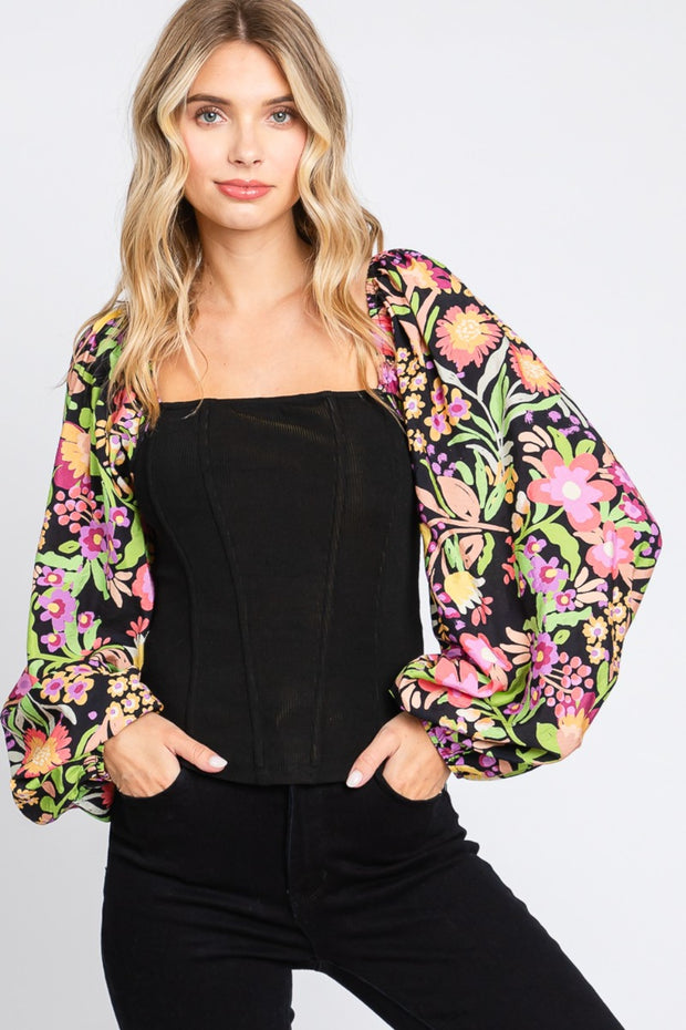 ODDI Full Size Floral Balloon Sleeve Blouse - Spicy and Sexy