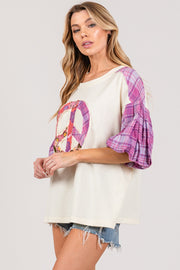 SAGE + FIG Full Size Peace Applique Patch with Plaid Contrast Top