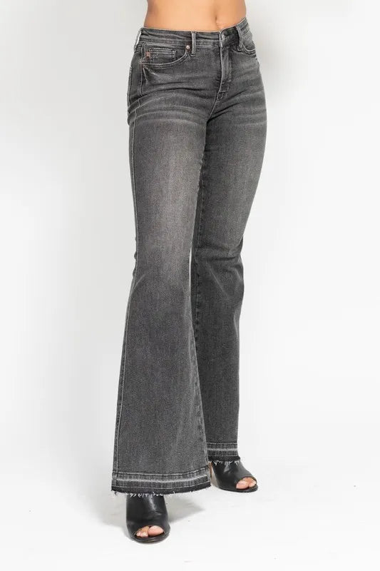 Judy Blue Full Size Midi Rise Tummy Control Washed Gray Release Hem Flare Jeans Plus Size