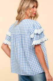 Haptics Full Size Plaid Scallop Hem Notched Short Sleeve Blouse