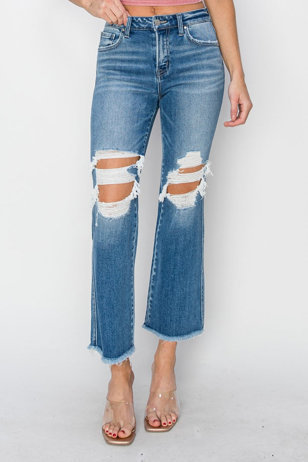RISEN Mid Rise Distressed Cropped Flare Jeans - Spicy and Sexy