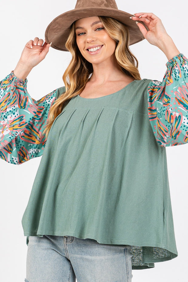 SAGE + FIG Ruched Round Neck Printed Bubble Sleeve Top