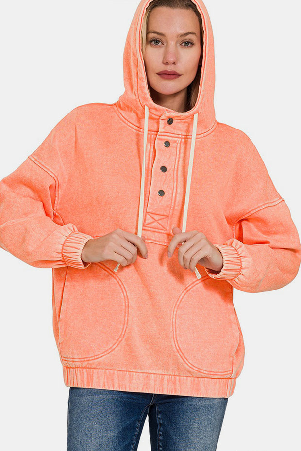 Zenana Drawstring Half Snap Dropped Shoulder Hoodie - Spicy and Sexy