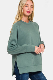 Zenana Scuba Round Neck Side Slit Sweatshirt