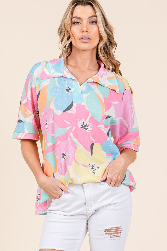 BOMBOM Floral Collared Neck Half Sleeve Top