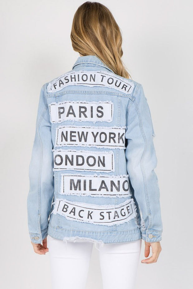 American Bazi Letter Patched Distressed Denim Jacket - Spicy and Sexy