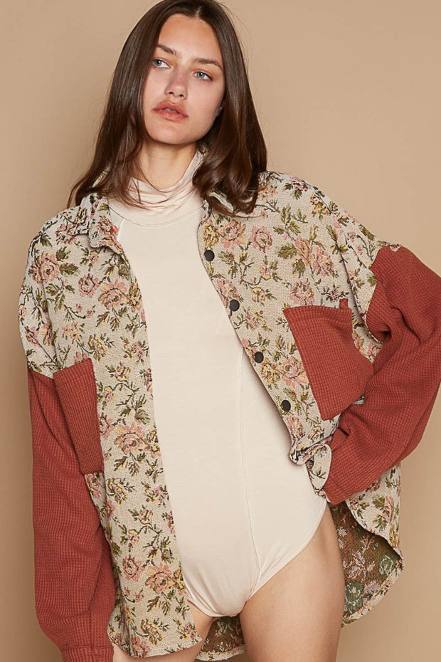 POL Contrast Sleeves Button Down Floral Jacquard Shirt