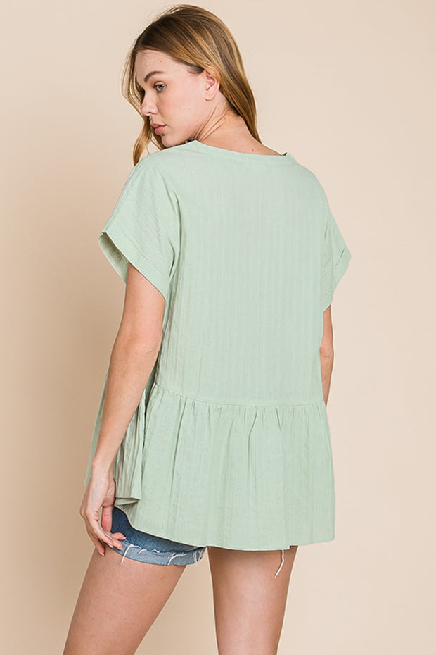 Cotton Bleu by Nu Lab Ruched Notched Short Sleeve Blouse
