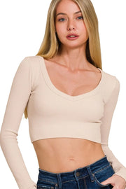 Zenana Seamless Fitted Rib V-neck Long Sleeve Crop Top