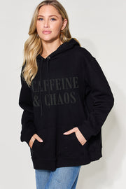 Simply Love Full Size CAFFEINE&CHAOS Graphic Drawstring Long Sleeve Hoodie