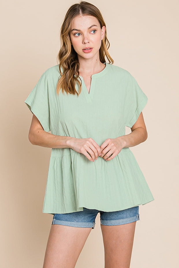 Cotton Bleu by Nu Lab Ruched Notched Short Sleeve Blouse