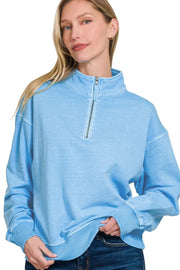 Zenana F/terry Pigment Dye & Enzyme Washing Half Zip Top