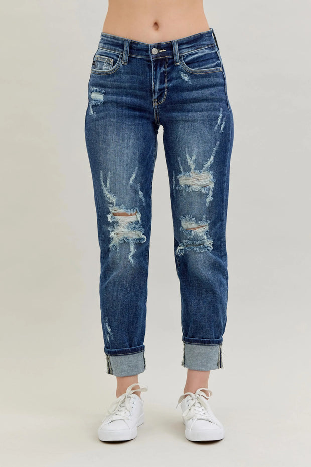 Judy Blue Full Size Mid Rise Cuffed Destroy Bf Jeans Plus Size