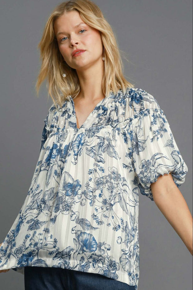 Umgee Full Size Floral Print Metallic Ruffle Blouse Plus Size