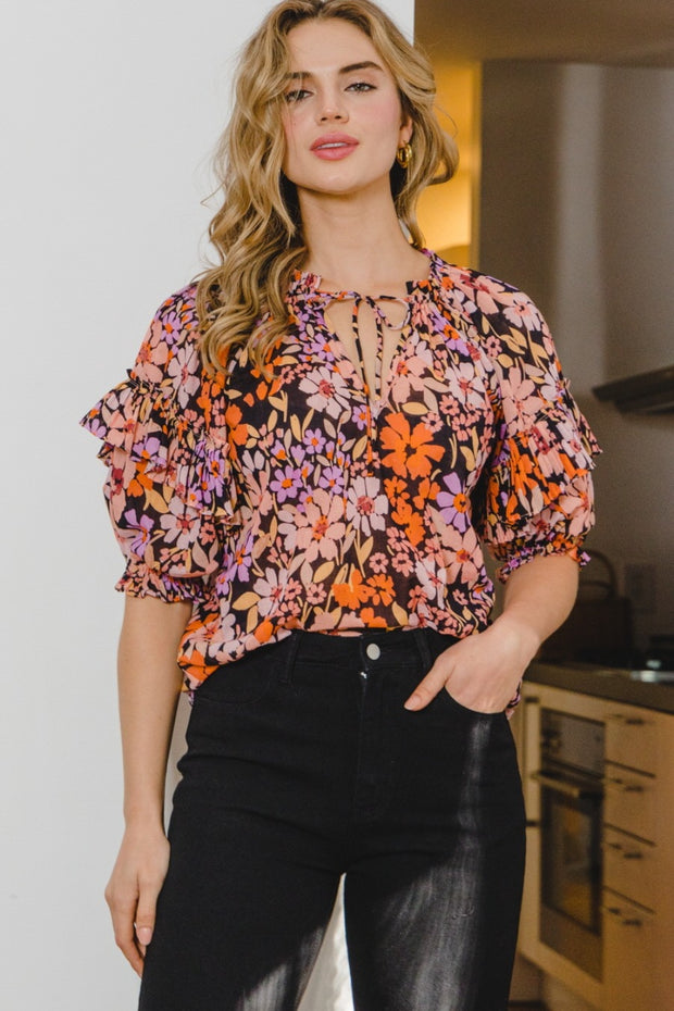 ODDI Full Size Floral Tie Neck Ruffled Blouse - Spicy and Sexy