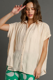 Umgee Full Size Textured Button Down Short Sleeve Shirt Plus Size