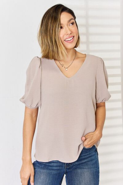 Zenana V-Neck Puff Sleeve Top - Spicy and Sexy