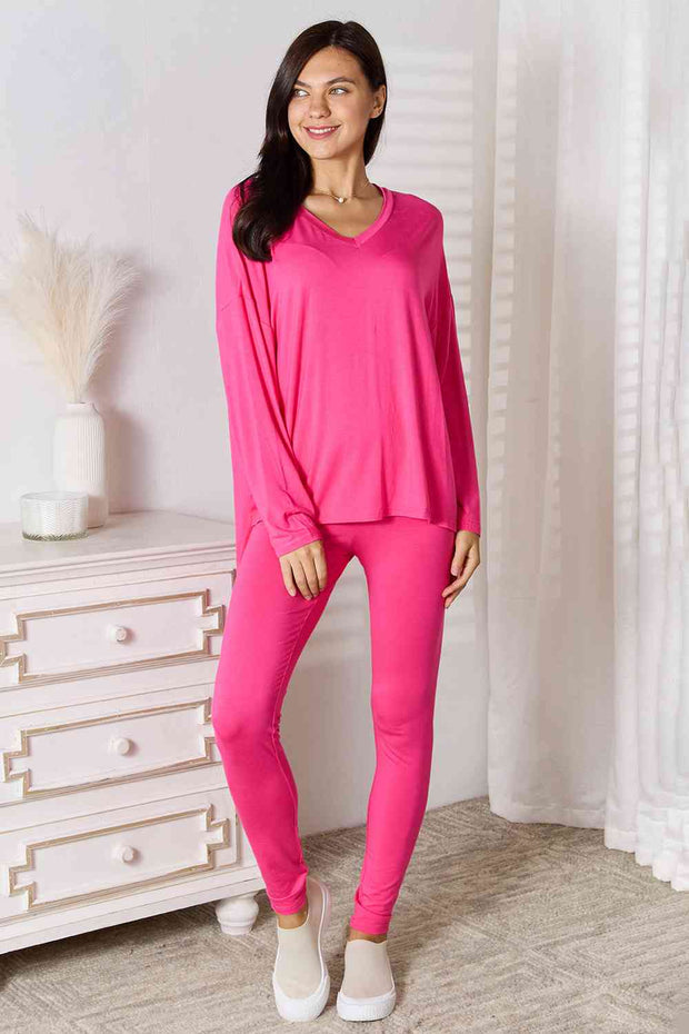 Basic Bae Full Size V-Neck Soft Rayon Long Sleeve Top and Pants Lounge Set - Spicy and Sexy