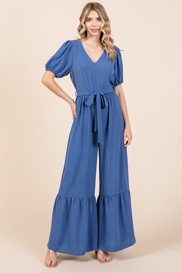 GeeGee Full Size V-Neck Belted Wide Leg Jumpsuit - Spicy and Sexy