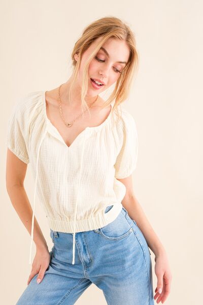 And The Why Cotton Gauze Back Waist Tie Cropped Blouse