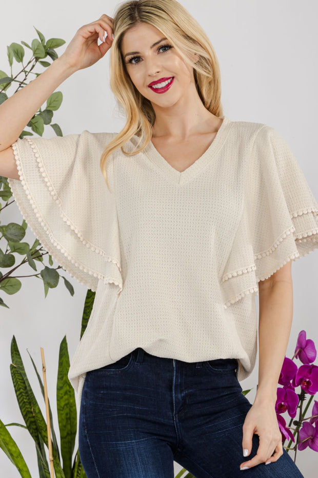 Celeste Full Size V-Neck Lace Trim Flutter Sleeve Top - Spicy and Sexy