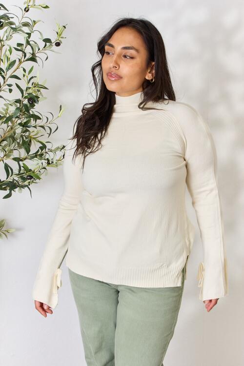 Heimish Full Size Ribbed Bow Detail Long Sleeve Turtleneck Knit Top