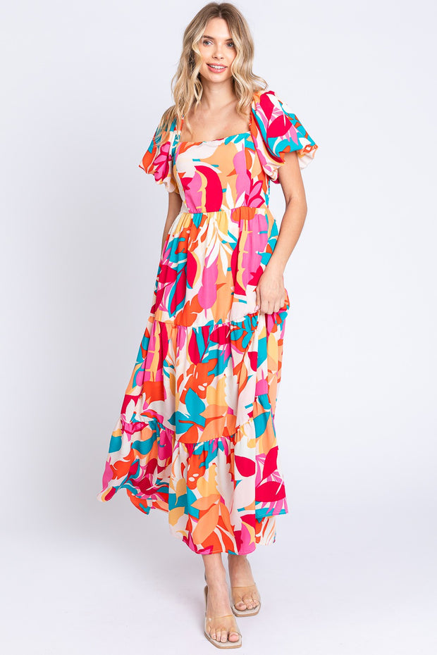 GeeGee Full Size Printed Smocked Back Tiered Maxi Dress