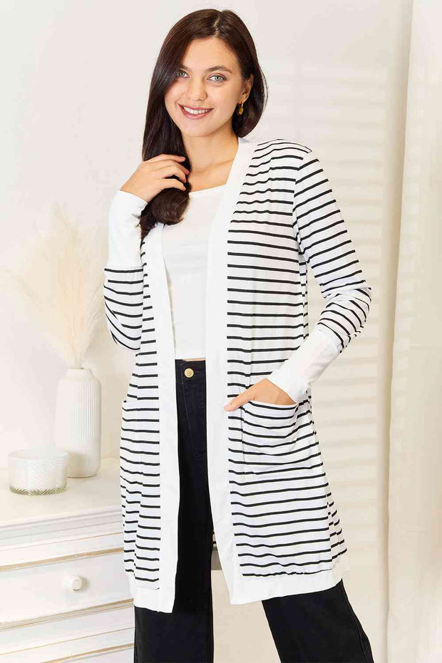 Double Take Striped Open Front Longline Cardigan - Spicy and Sexy