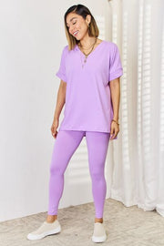Zenana V-Neck Rolled Short Sleeve T-Shirt and Leggings Set