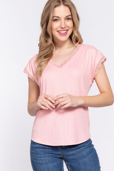 ACTIVE BASIC Lace Trim V-Neck Short Sleeve Ribbed Top - Spicy and Sexy