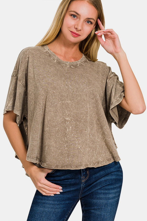 Zenana Washed Round Neck Drop Shoulder Cropped T-Shirt - Spicy and Sexy
