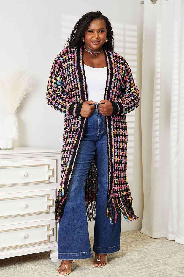 Double Take Full Size Multicolored Open Front Fringe Hem Cardigan - Spicy and Sexy