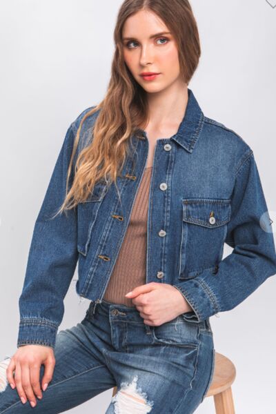 LOVE TREE Raw Hem Button Up Cropped Denim Jacket - Spicy and Sexy