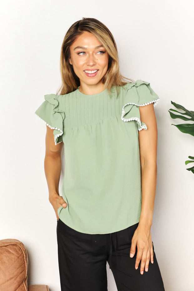 Double Take Pleated Detail Flutter Sleeve Blouse - Spicy and Sexy