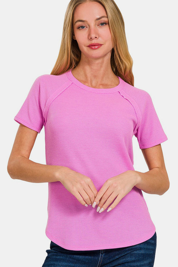 Zenana Round Neck Short Sleeve Waffle T-Shirt - Spicy and Sexy