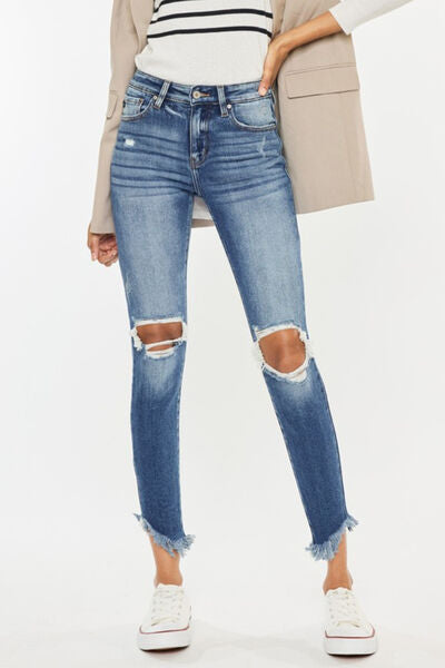 Kancan High Waist Distressed Raw Hem Ankle Skinny Jeans - Spicy and Sexy