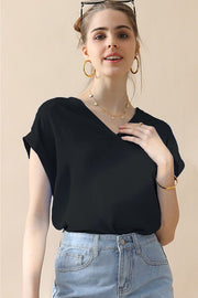 Ninexis V-Neck Trim Rolled Short Sleeve Shirt - Spicy and Sexy