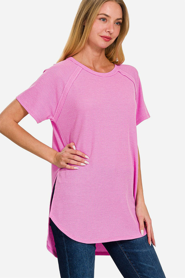 Zenana Slit Round Neck Short Sleeve Waffle Top - Spicy and Sexy